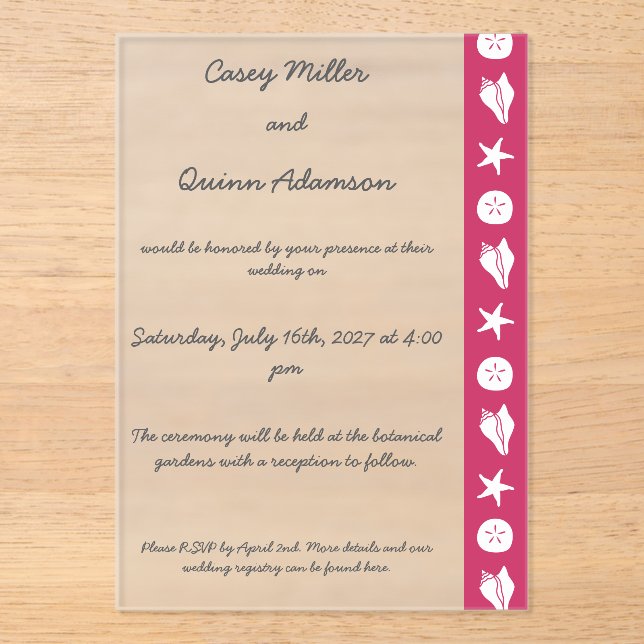 Summer Seashells in Raspberry Acrylic Wedding  Invitations (Front)