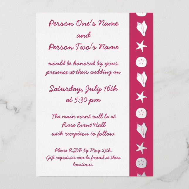 Summer Seashells in Raspberry Foil Invitation (Front)