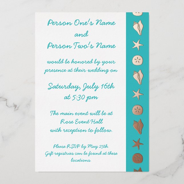 Summer Seashells in Turquoise Foil Invitation (Front)