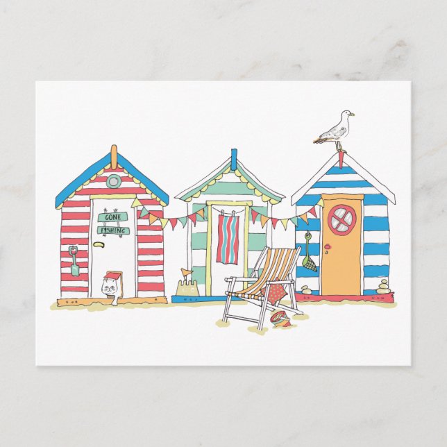 Summer Seaside Beach Huts in the Sand Illustration Postcard (Front)