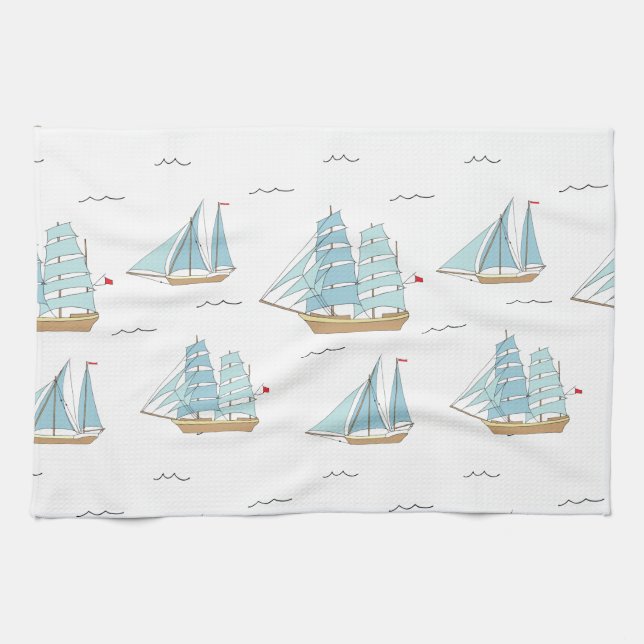 Summer Seatime Cute yachts with sail Kitchen Towel (Horizontal)