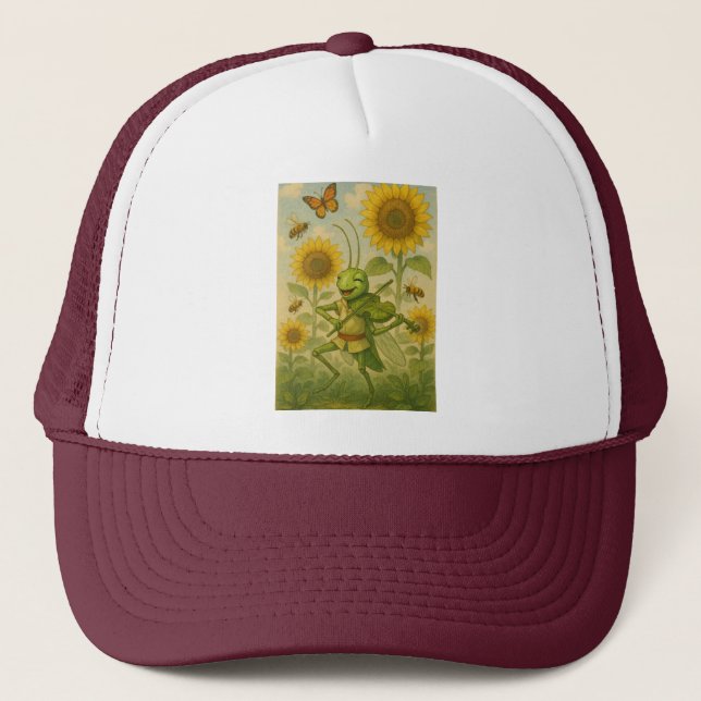 Summer Serenade: The Joyful Grasshopper Fiddler Trucker Hat (Front)