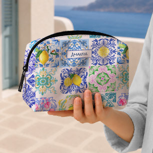 Summer Sicilian Blue Yellow Azulejo Citrus Tile Dopp Kit