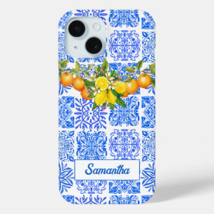 Summer Sicilian blue yellow colourful azulejo Amal iPhone 15 Case