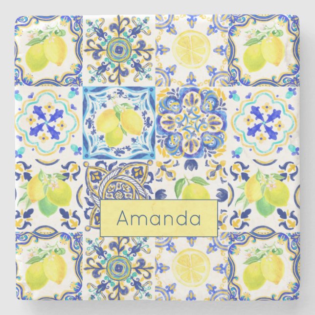 Summer Sicilian citrus Mediterranean majolica Stone Coaster (Front)