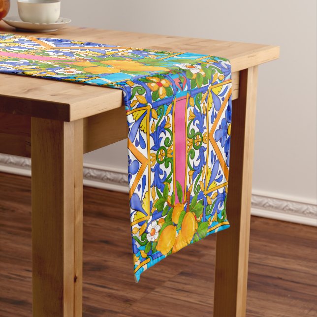 Summer ,Sicilian tiles ,citrus,lemons Mediterranea Short Table Runner (In Situ)