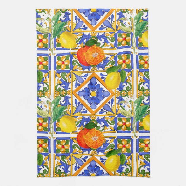 Summer ,Sicilian tiles ,citrus,oranges,majolica    Kitchen Towel (Vertical)