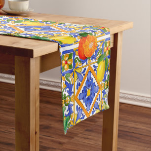 Summer ,Sicilian tiles ,citrus,oranges,majolica Short Table Runner
