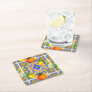 Summer ,Sicilian tiles ,citrus,oranges,majolica   Square Paper Coaster