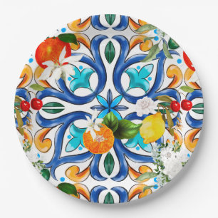 Summer ,Sicilian tiles ,majolica,ceramic tile  Paper Plate