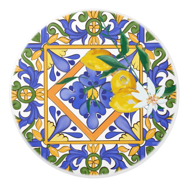 Summer ,Sicilian tiles ,majolica,Mediterranean   Ceramic Knob (Front)