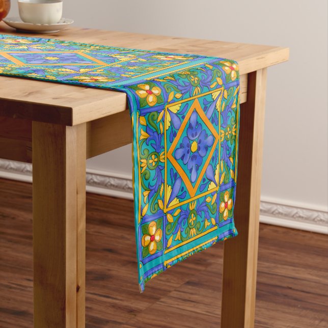 Summer ,Sicilian tiles ,majolica,Mediterranean  Short Table Runner (In Situ)