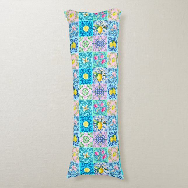 Summer Sicilian turquoise colourful azulejo Amalfi Body Pillow (Front Vertical)