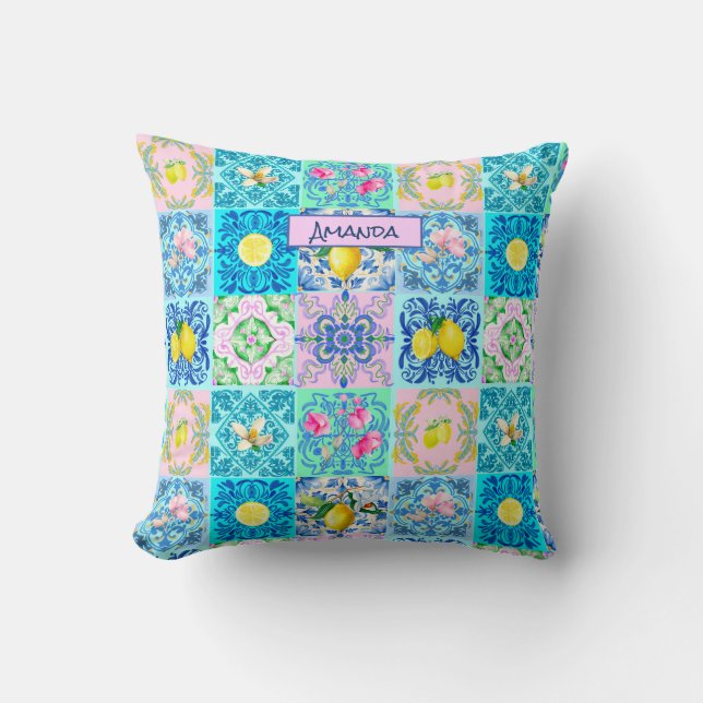 Summer Sicilian turquoise colourful azulejo Amalfi Throw Pillow (Front)
