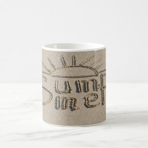 Summer sign carved on the beach sand coffee mug