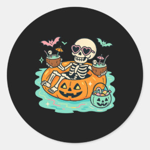 Summer Skeleton In Pumpkin Float Cute Spooky Pool Classic Round Sticker