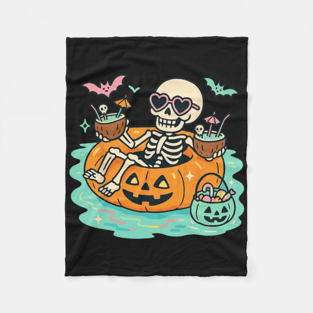 Summer Skeleton In Pumpkin Float Cute Spooky Pool  Fleece Blanket (Front)