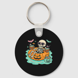 Summer Skeleton In Pumpkin Float Cute Spooky Pool  Keychain
