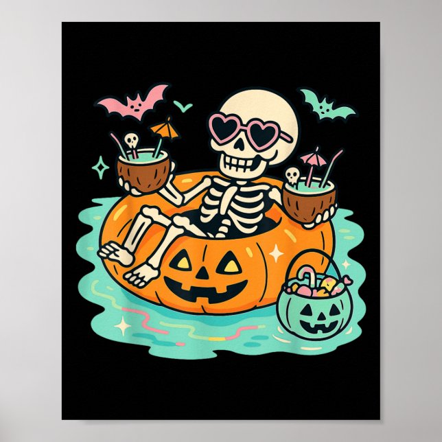 Summer Skeleton In Pumpkin Float Cute Spooky Pool  Poster (Front)