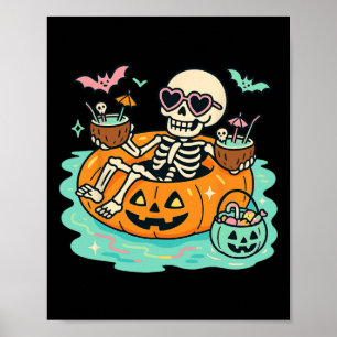 Summer Skeleton In Pumpkin Float Cute Spooky Pool Poster