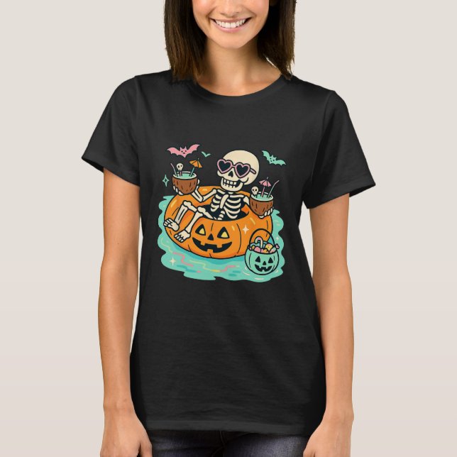 Summer Skeleton In Pumpkin Float Cute Spooky Pool  T-Shirt (Front)