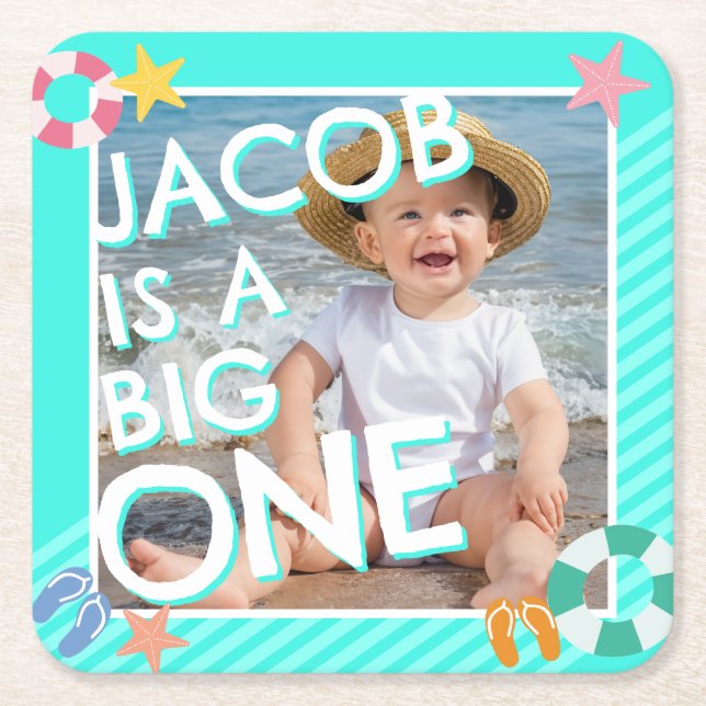 Summer Sky Blue Boys 1st Birthday  Square Paper Coaster (Front)