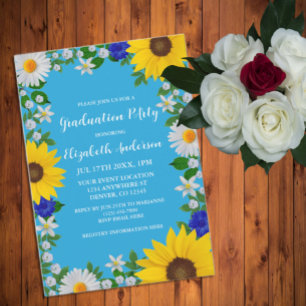 Summer Sky Blue Floral Graduation Party Invitation