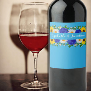 Summer Sky Blue Floral Wedding Wine Label