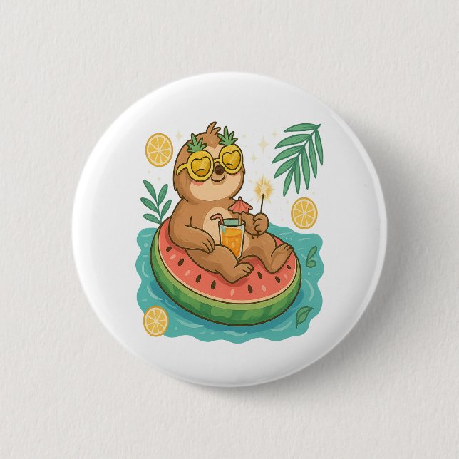 Summer Sloth Pool Float 2 Inch Round Button (Front)
