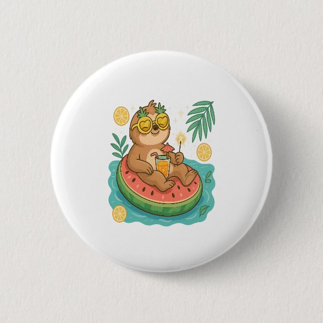 Summer Sloth Pool Float 2 Inch Round Button (Front)