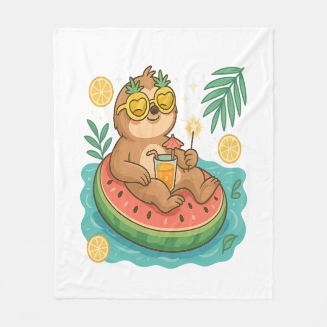 Summer Sloth Pool Float Fleece Blanket (Front)