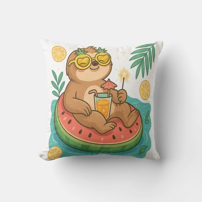 Summer Sloth Pool Float Throw Pillow (Front)