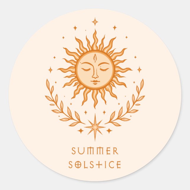 Summer Solstice Celestial Sun Face Botanical Art Classic Round Sticker (Front)