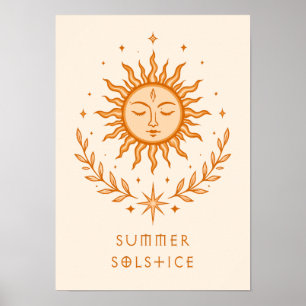 Summer Solstice Celestial Sun Face Botanical Art Poster