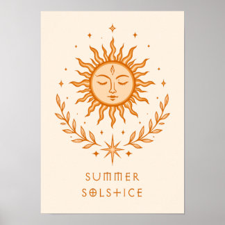 Summer Solstice Celestial Sun Face Botanical Art Poster