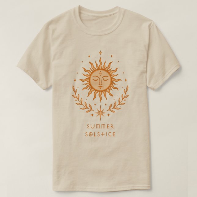 Summer Solstice Celestial Sun Face Botanical Art T-Shirt (Design Front)
