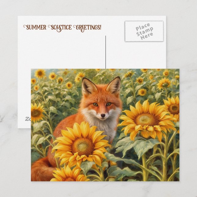 Summer Solstice Red Fox and Sunflowers  Postcard (Front/Back)