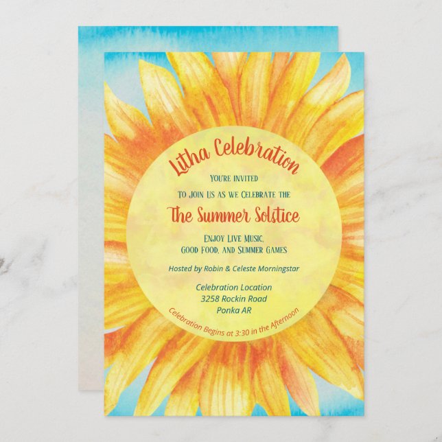 Summer Solstice Sunflower Sun Wiccan Litha Party Invitation (Front/Back)