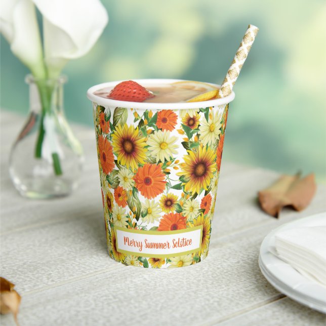 Summer Solstice Sunflower Yellow & Green Flowers Paper Cups (Insitu)