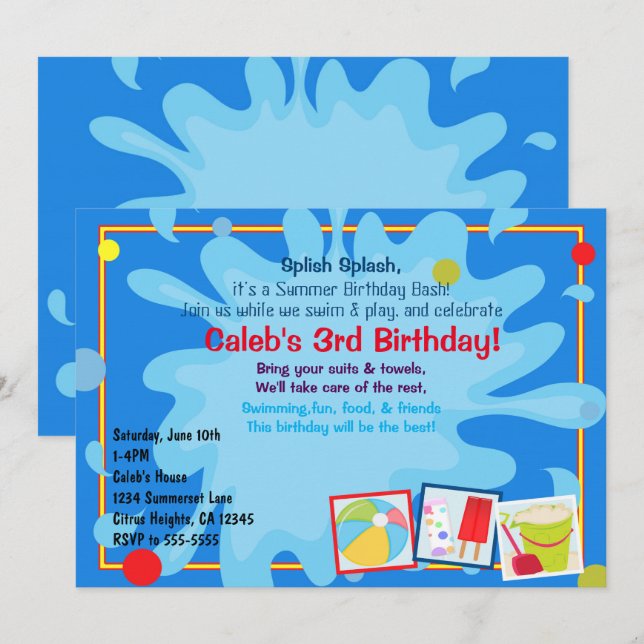 Summer Splash Pool Party Birthday Invitations (Front/Back)