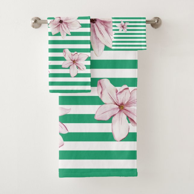 Summer, spring, green stripe magnolia print   bath towel set (Insitu)