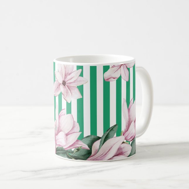 Summer, spring, green stripe magnolia print  coffee mug (Front Right)