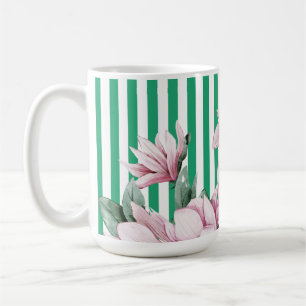 Summer, spring, green stripe magnolia print coffee mug