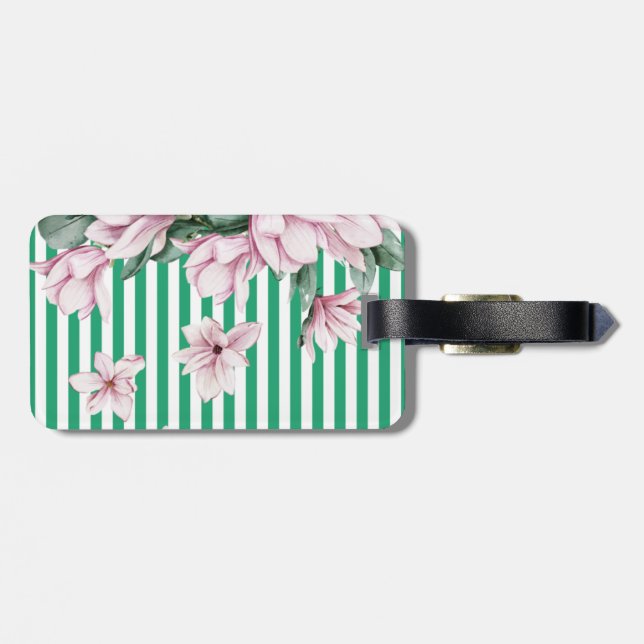 Summer, spring, green stripe magnolia print   luggage tag (Back Horizontal)