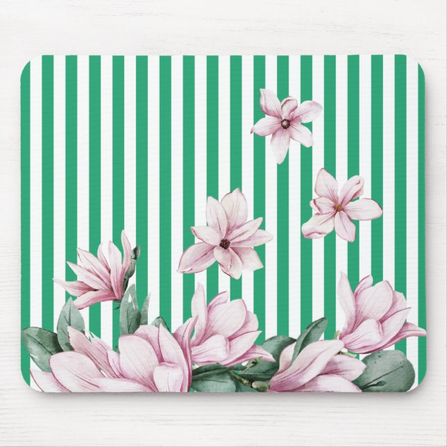 Summer, spring, green stripe magnolia print  mouse pad (Front)