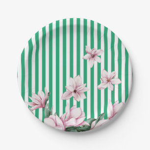 Summer, spring, green stripe magnolia print  paper plate