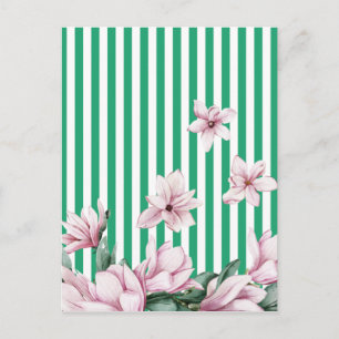 Summer, spring, green stripe magnolia print postcard
