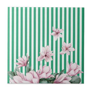 Summer, spring, green stripe magnolia print tile