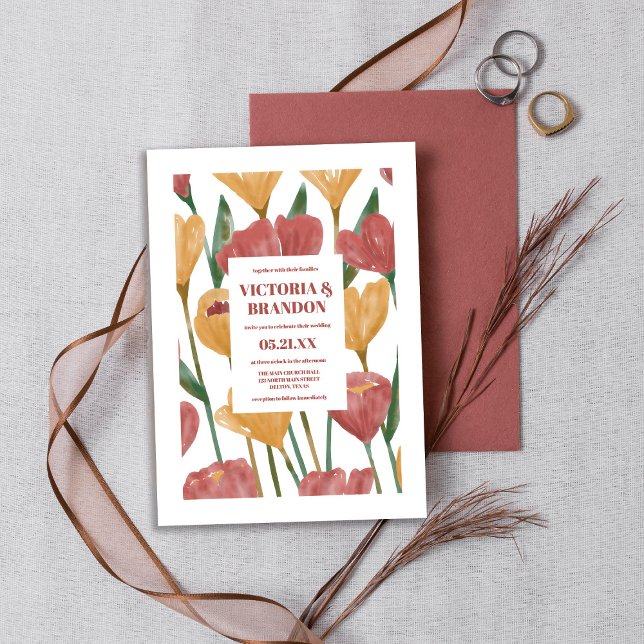 Summer Spring Mustard Red Floral Botanical Wedding Invitation (Creator Uploaded)