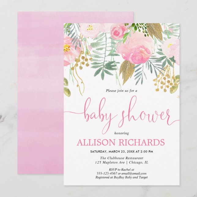Summer spring pink gold girl baby shower invitation (Front/Back)
